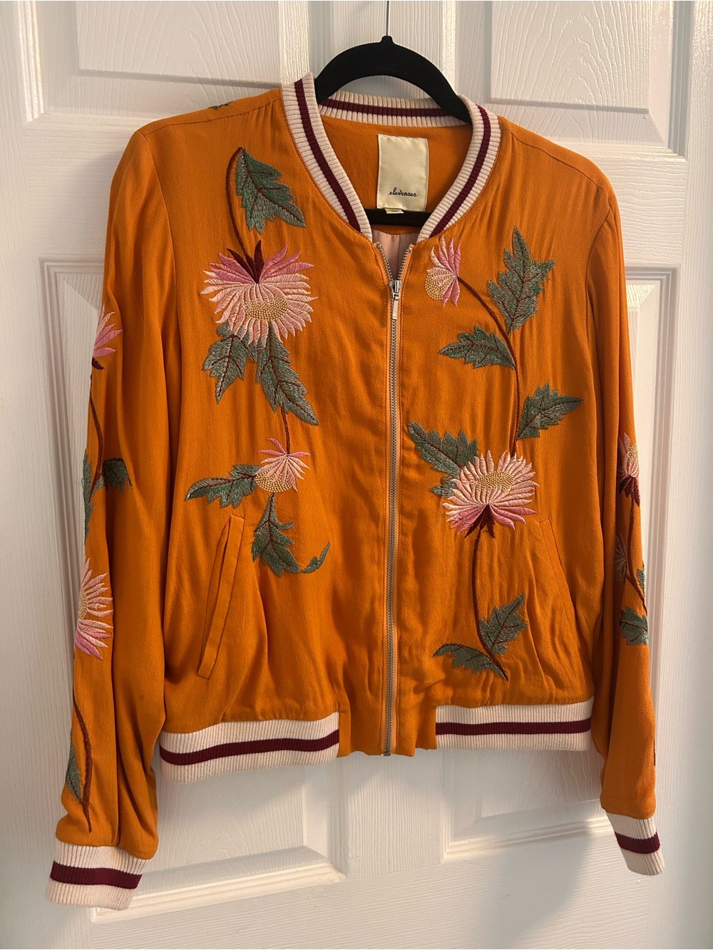 Anthropologie Orange Bomber Jacket with Pink Floral Embroidery